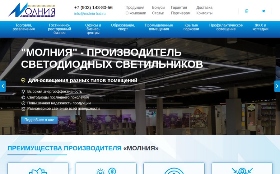 Скриншот сайта Производство светодиодных светильников / «МОЛНИЯ»