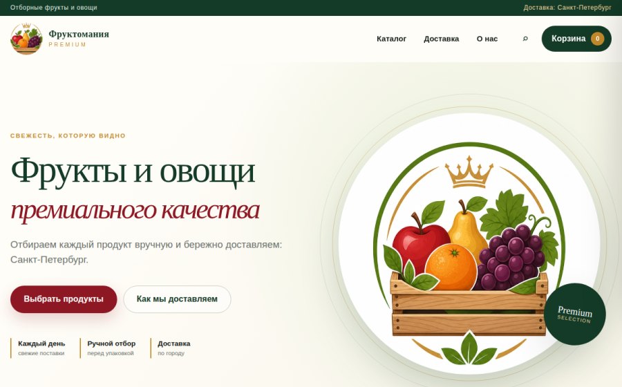 Скриншот сайта Фруктомания Premium — свежие фрукты и овощи с доставкой в Санкт-Петербурге