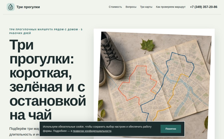 Скриншот сайта Три прогулочных маршрута рядом с домом | Три прогулки — 2 240 ₽