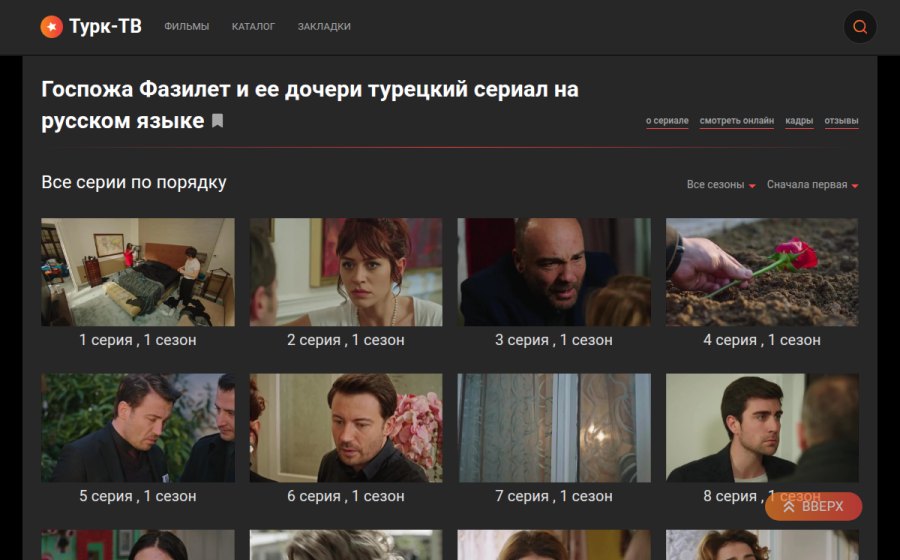 Скриншот сайта Сериал Госпожа Фазилет и ее дочери (2017) – смотреть все серии по порядку онлайн в хорошем качестве 720-1080 HD, бесплатно на русском языке на Turk-TV