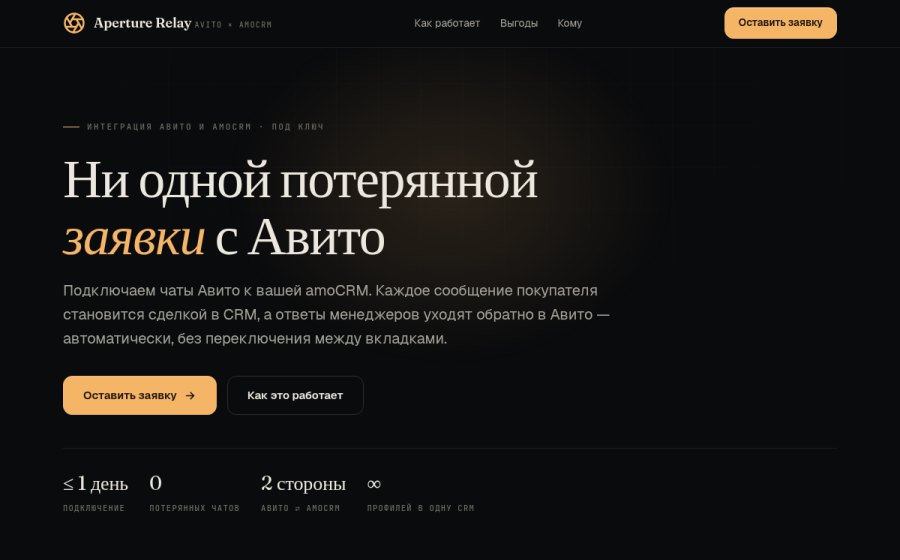 Скриншот сайта Aperture Relay — продажи с Авито в amoCRM под ключ