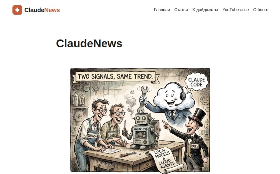 Скриншот сайта ClaudeNews - Автоматический блог о Claude Code: дайджесты X и разборы видео