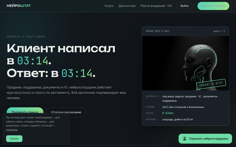 Скриншот сайта НейроШтат — в ваш штат принят новый сотрудник
