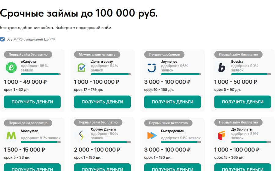 Скриншот сайта Срочные займы до 100 000 руб.