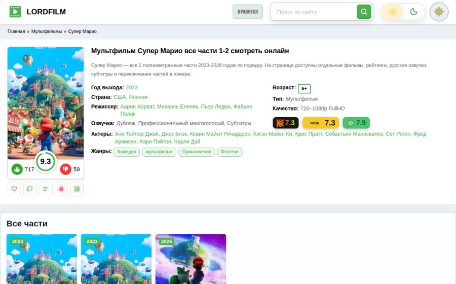 Скриншот сайта Супер Марио смотреть мультфильм все части 1-2 онлайн бесплатно в хорошем качестве на русском языке