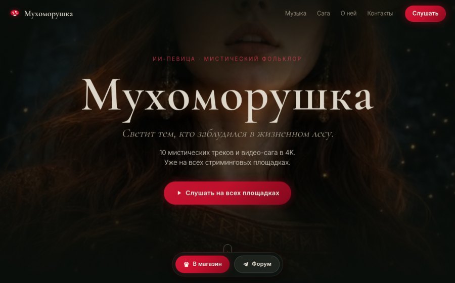 Скриншот сайта Мухоморушка — ИИ-певица из тёмного леса
