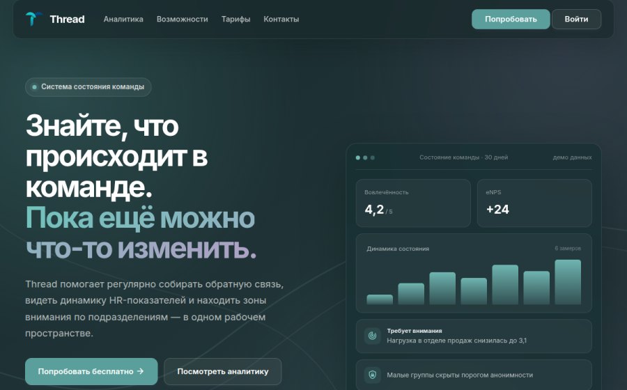 Скриншот сайта Thread — опросы сотрудников и аналитика команд