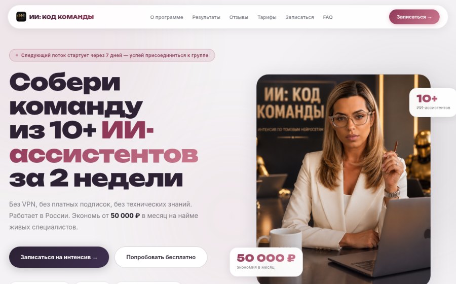 Скриншот сайта ИИ: КОД КОМАНДЫ — Собери ИИ-команду за 2 недели | Анна Ника Гулева